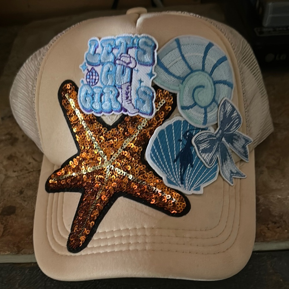 Beige Trucker Hat with Starfish and Seashell Patches